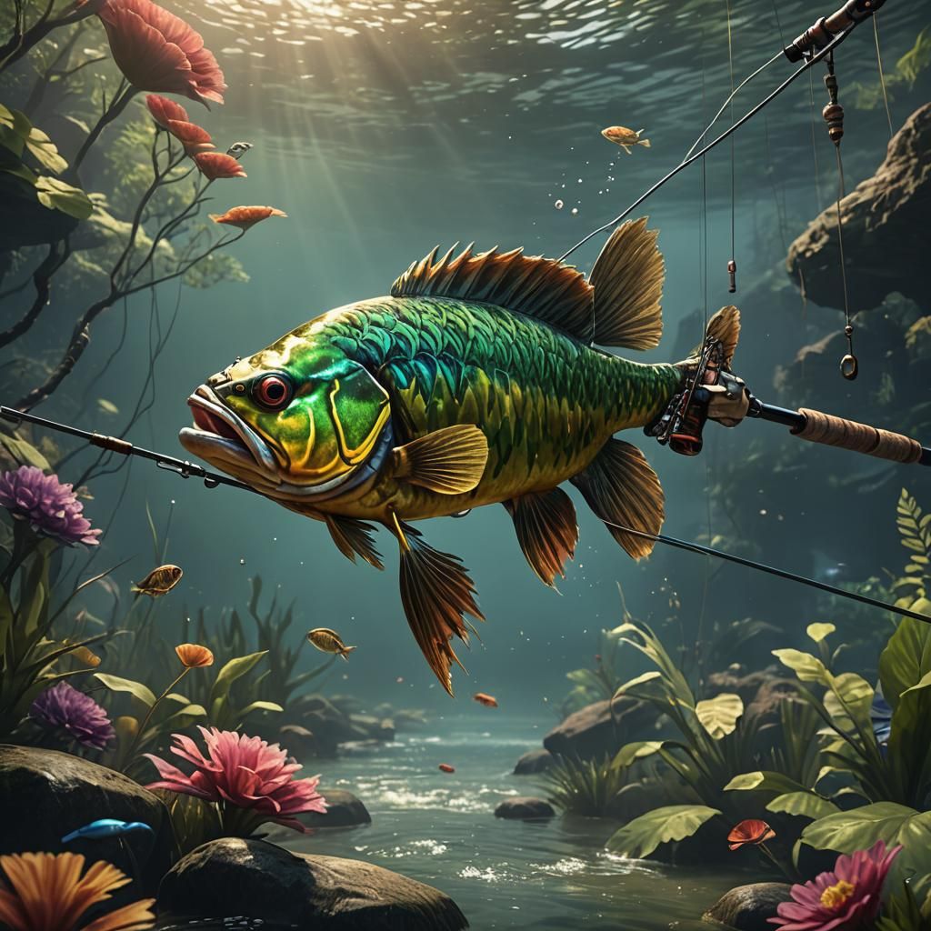Peacock Bass Attacks Fishing Rod in Detailed Matte Painting