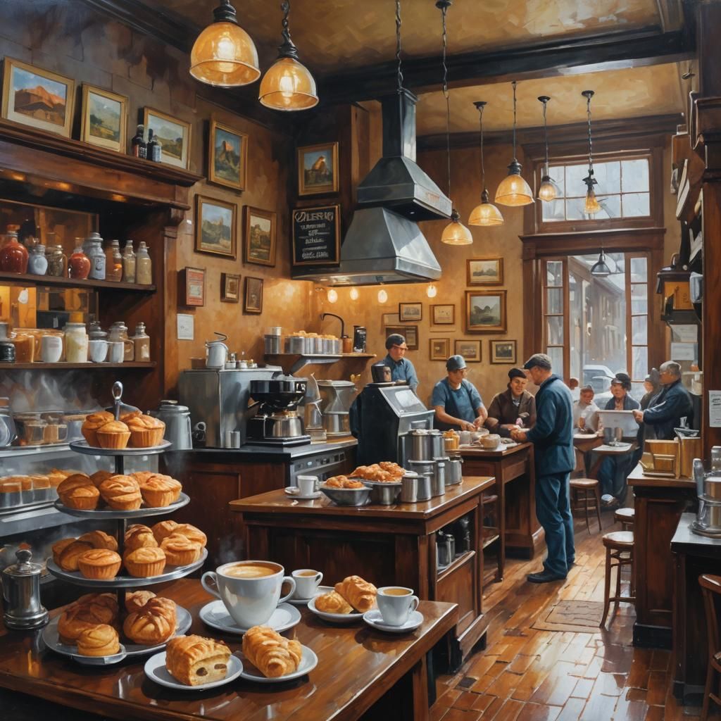 Cozy Coffee Shop Oil Painting with Pastries