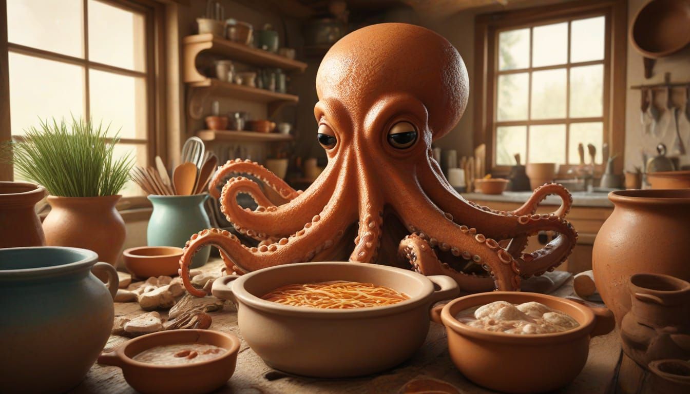 Octopus Grandma Cooks in Whimsical Kitchen
