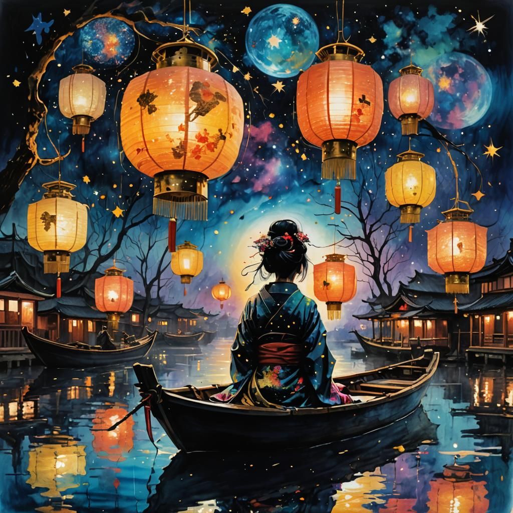 Geisha Silhouette at Lantern Festival in Surreal Style