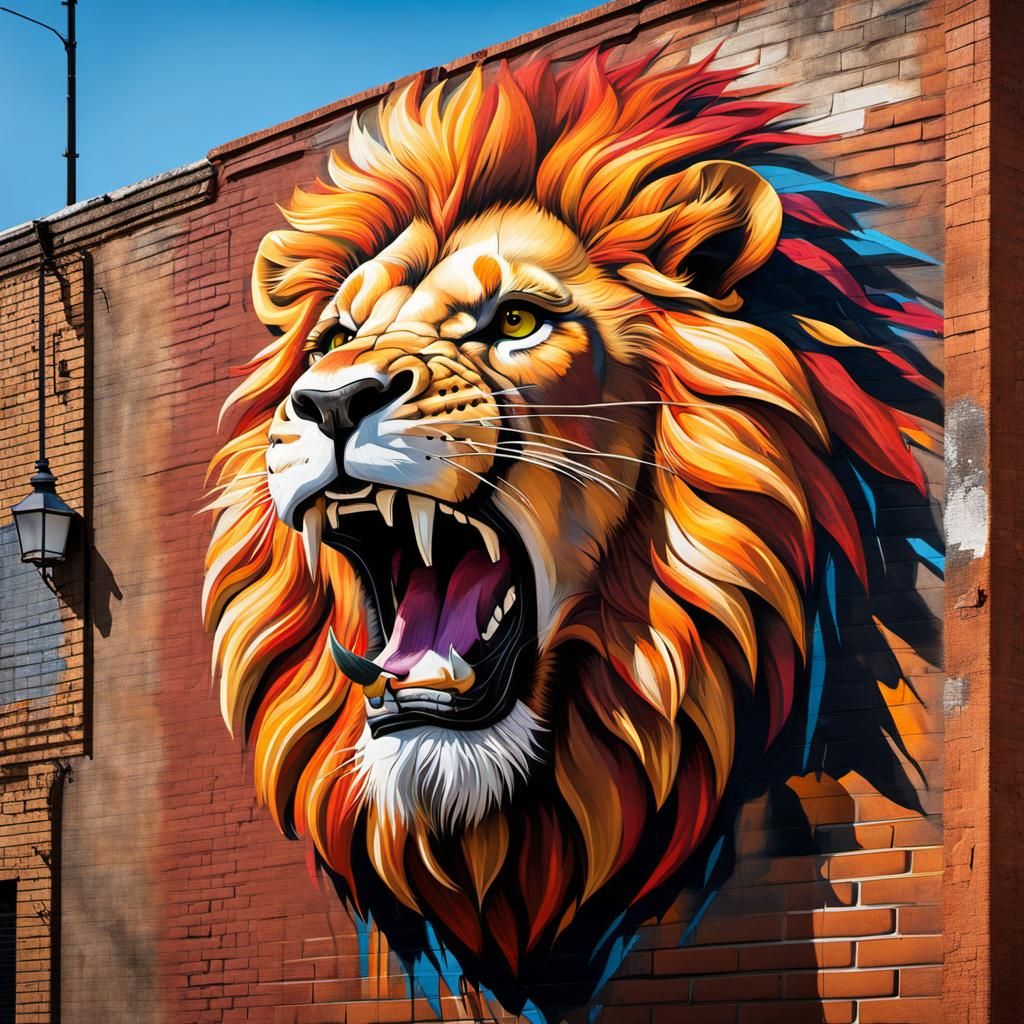 Roaring Lion Street Art in 3D Style
