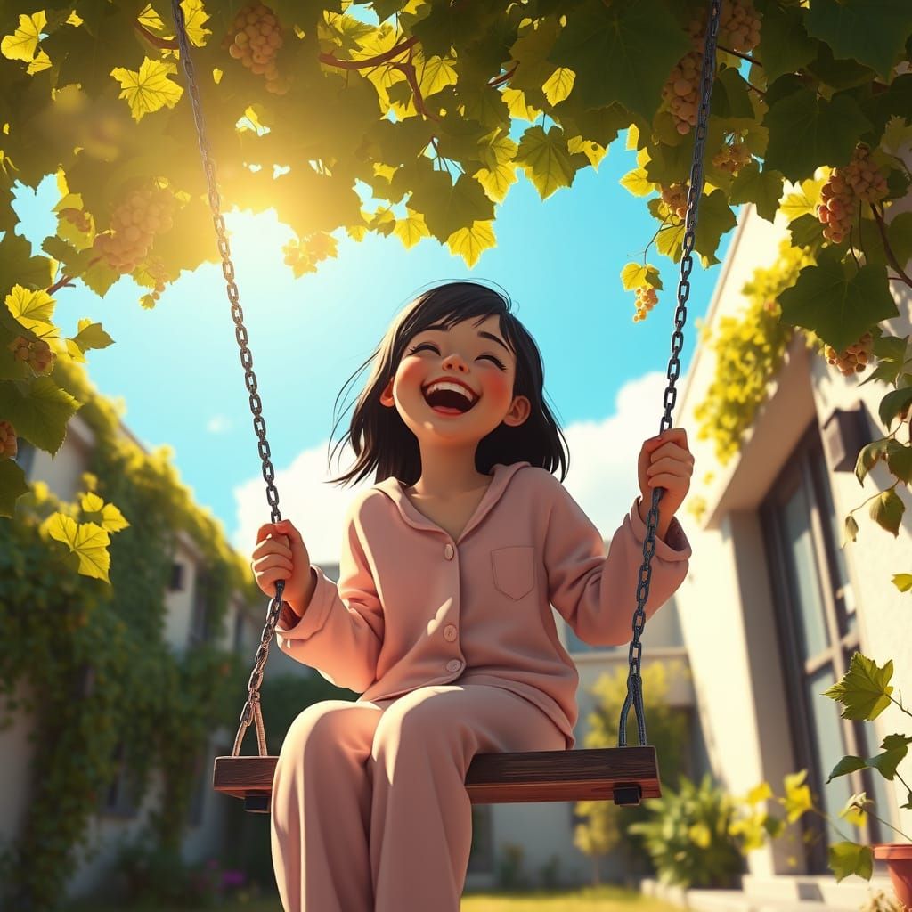 Girl Swinging in Sunny Grapevine Courtyard