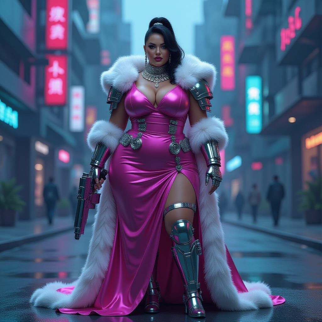 Plus-Size Woman in Pink Cyberpunk Chrome Dress