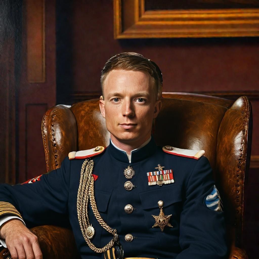 Military Figure in Brown Chair: 1900s Oil Painting