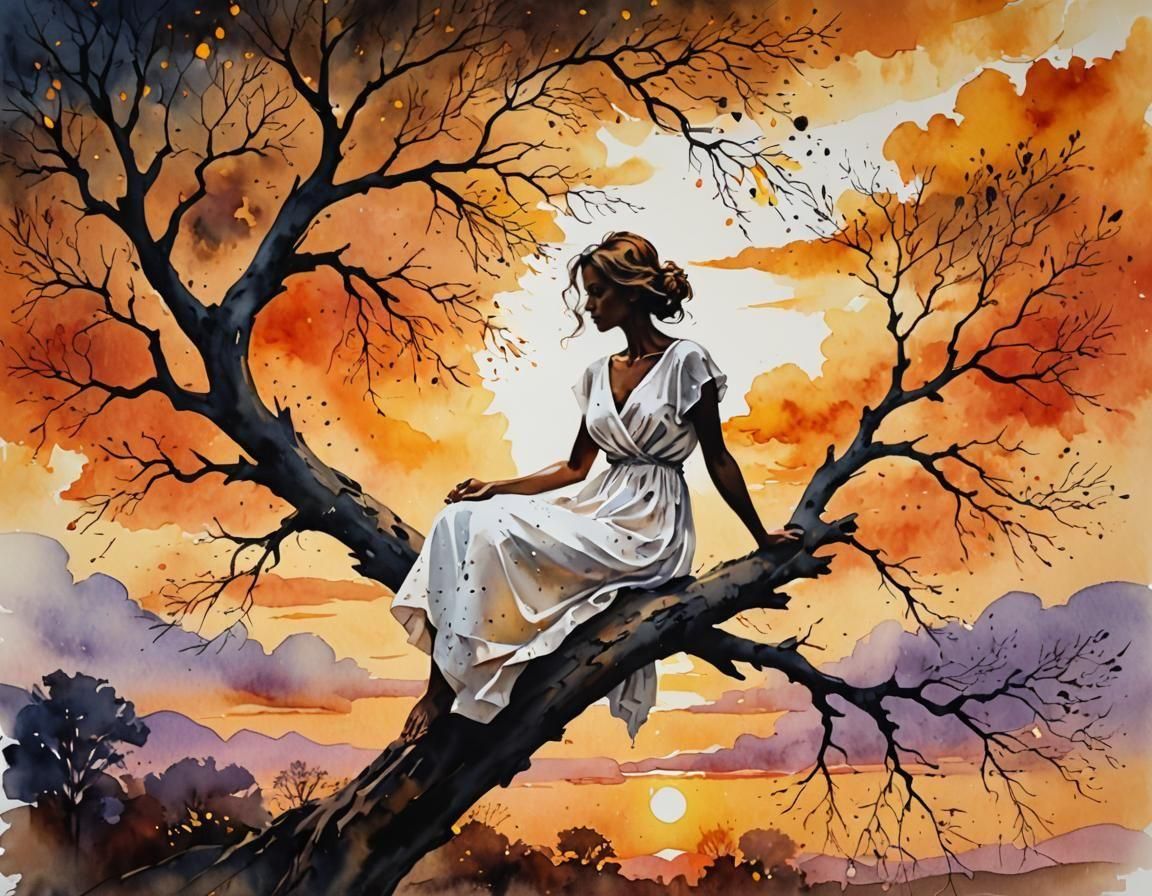 Silhouette of Woman in Tree at Sunset