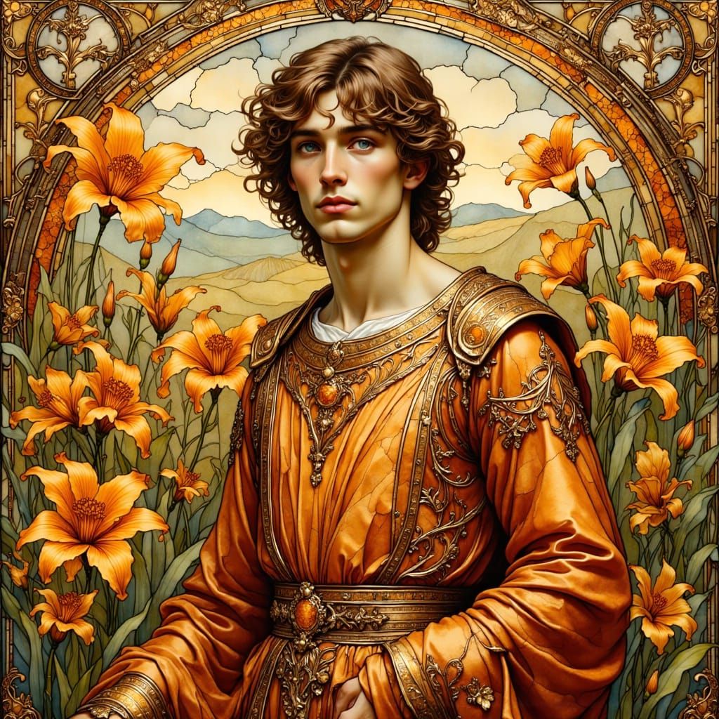Medieval Man Among Lilies in Art Nouveau Style