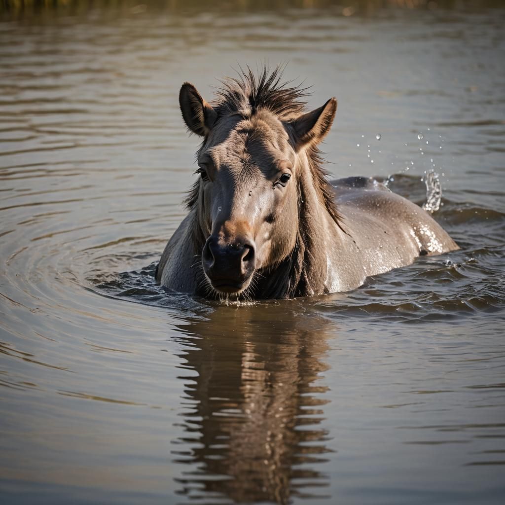 Konik Swims in Shallow Water: Wildlife Photography