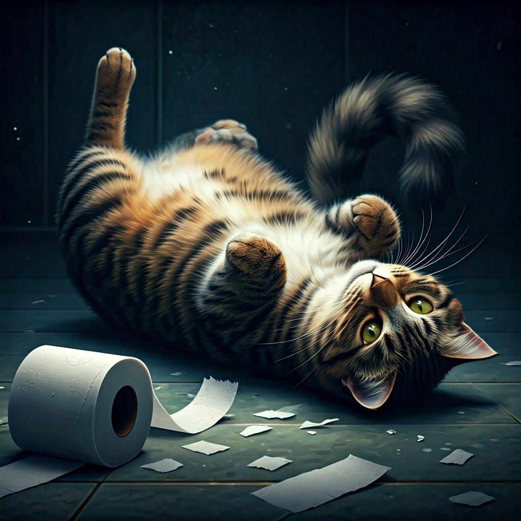 Playful Tabbycat with Shredded Paper Roll