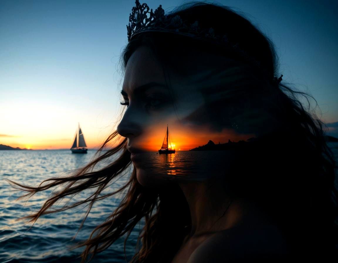 Surreal Double Exposure Art of a Bride's Silhouette at Sunse...