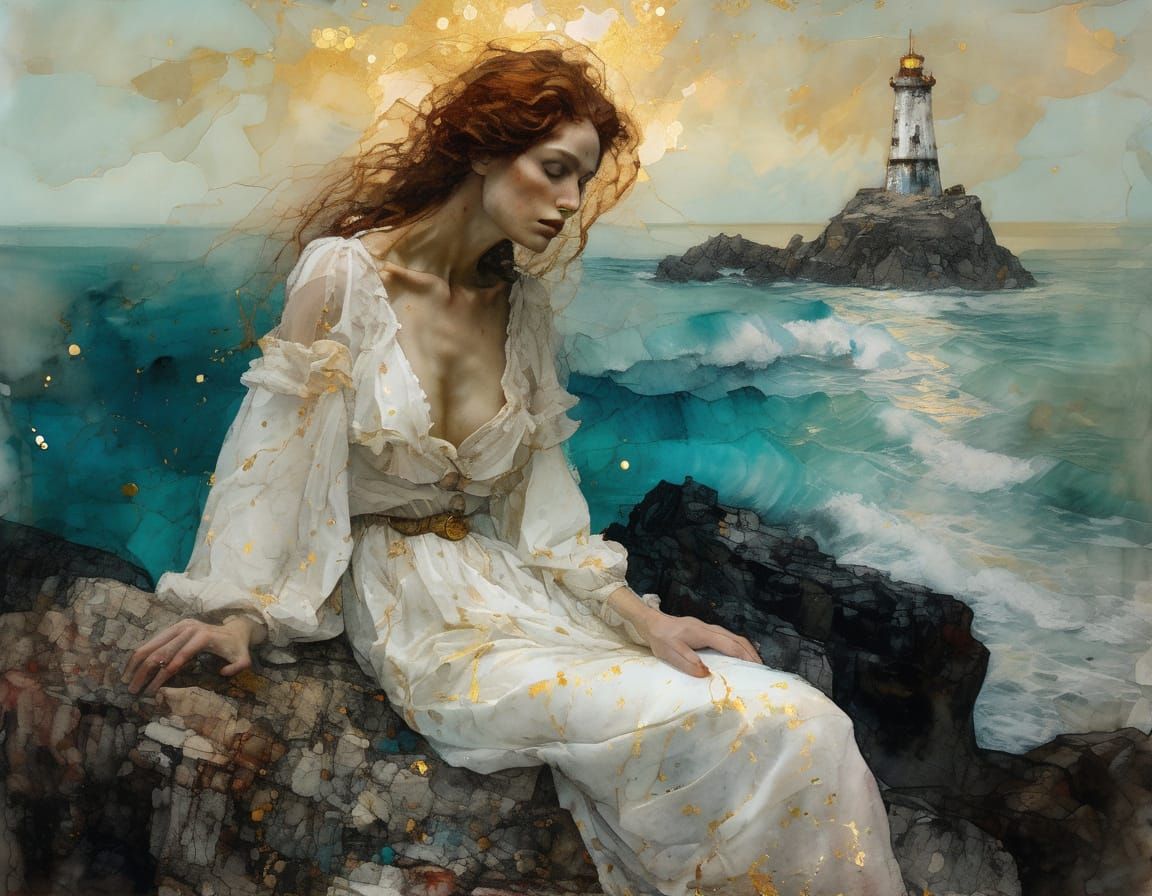 Ethereal Woman on Cliff, Encaustic Chiaroscuro Masterpiece