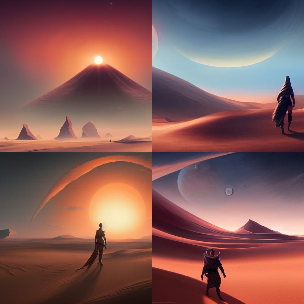 Futuristic Desert Sunset Landscape in Dark Fantasy Style