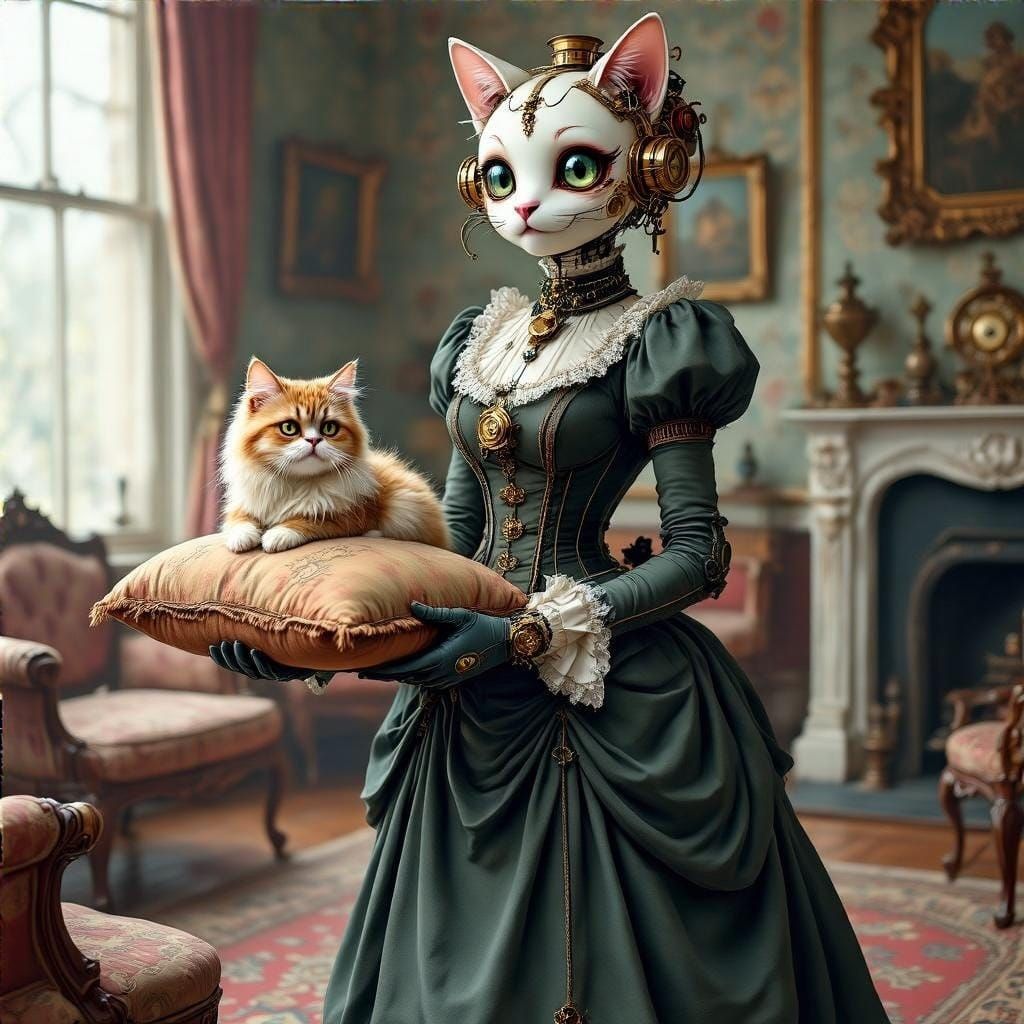 Victorian Steampunk Gynoid with Persian Cat