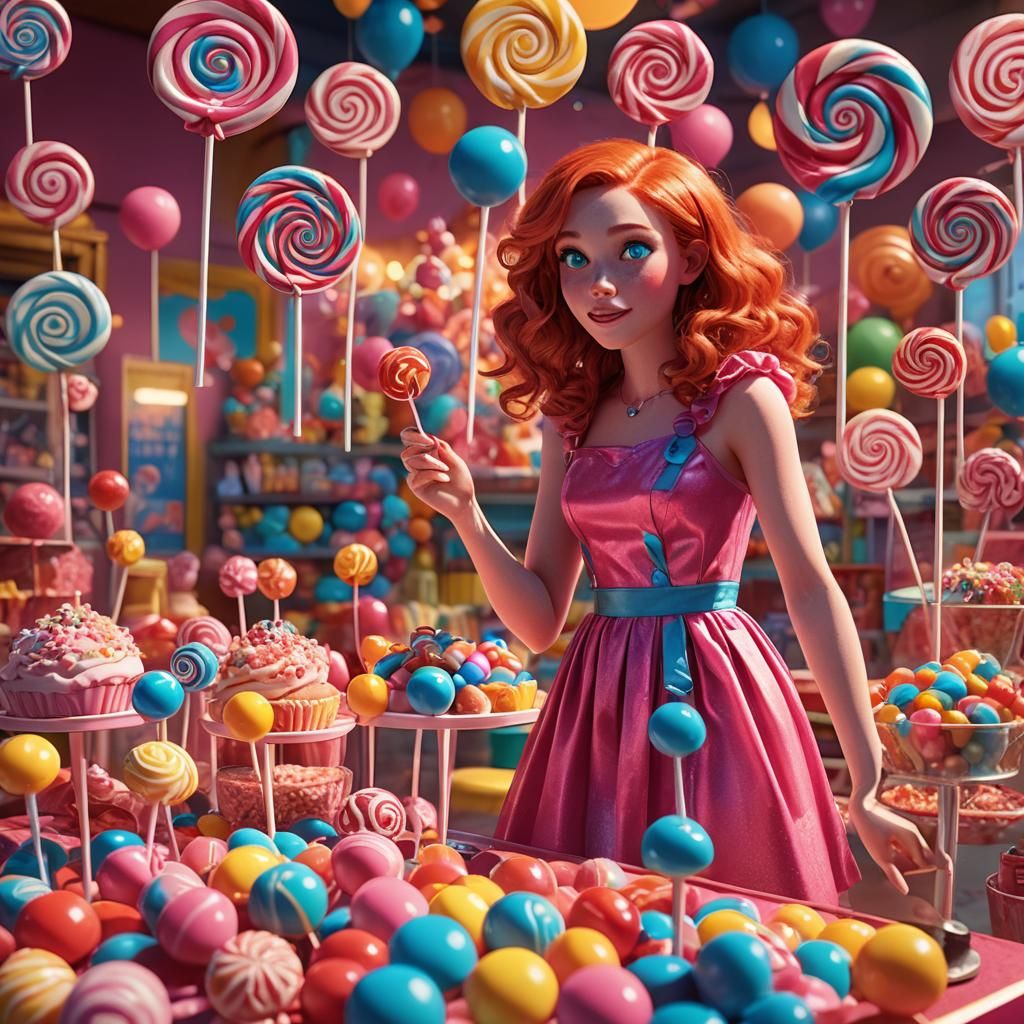 Girl in Lollipop Shop: Pixar-Inspired Digital Art