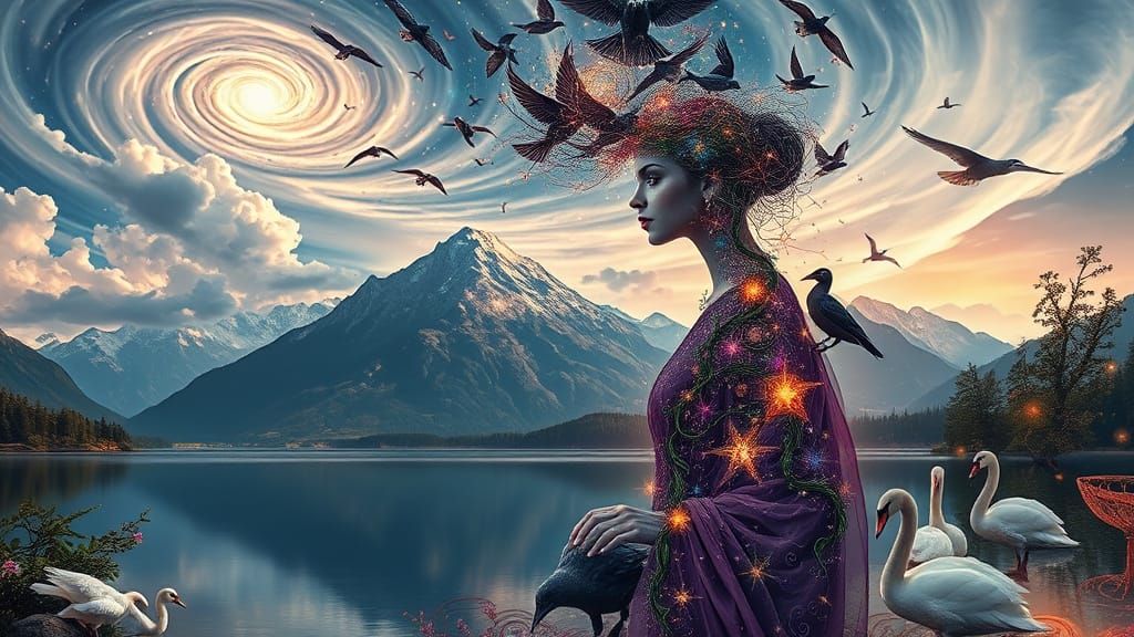Cosmic Mountain Landscape with Ethereal Woman and Nature