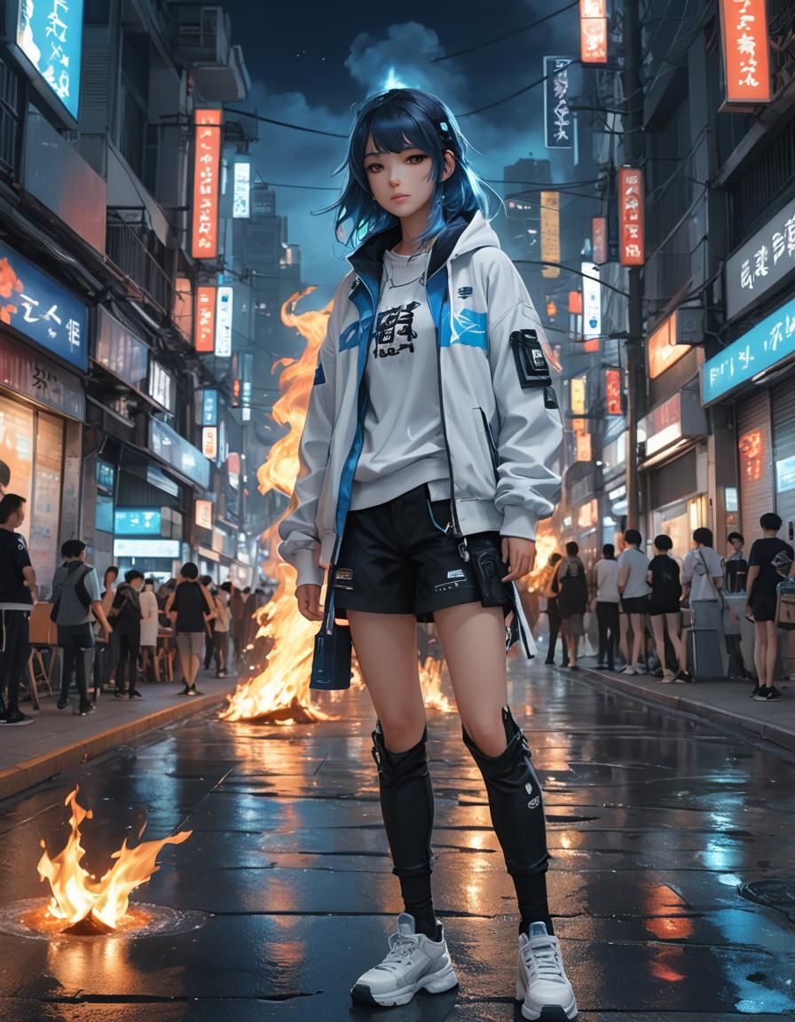 Anime Girl in Streetwear with Fire and Water