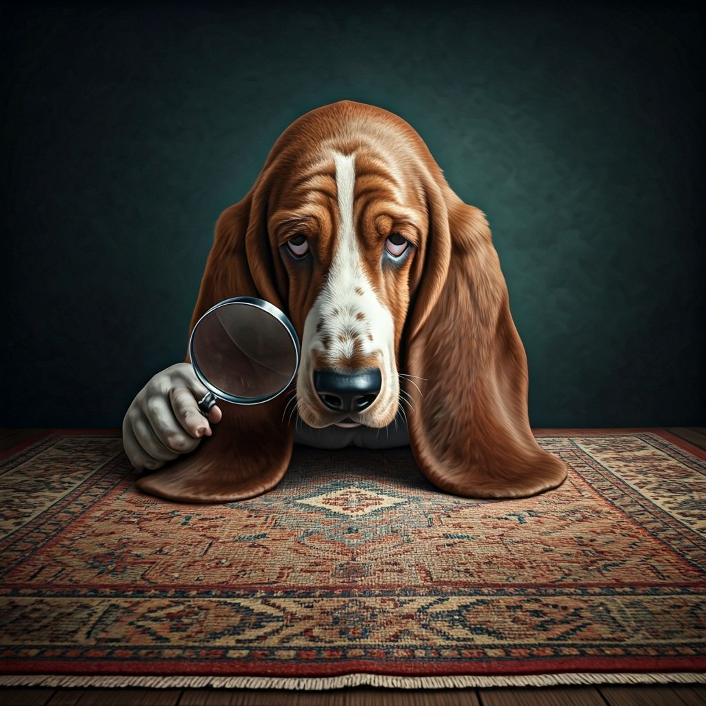 Detective Basset Hound Investigates Clue in German Expressio...