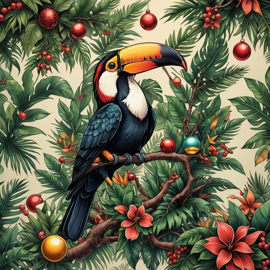 Neo Traditional Toucan in Tropical Jungle with Christmas Dec...