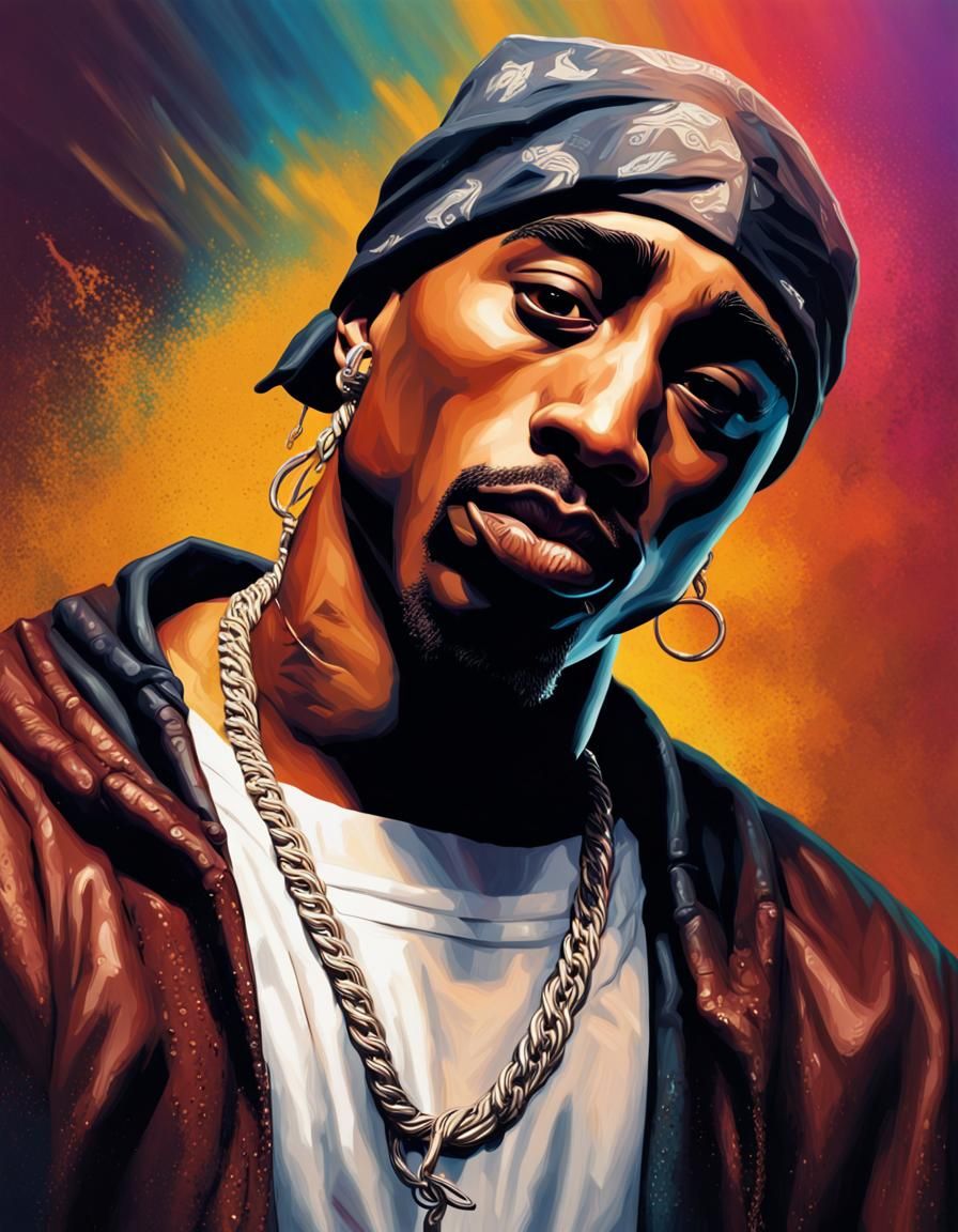 Hyperrealistic 2Pac Portrait with Colorful Background