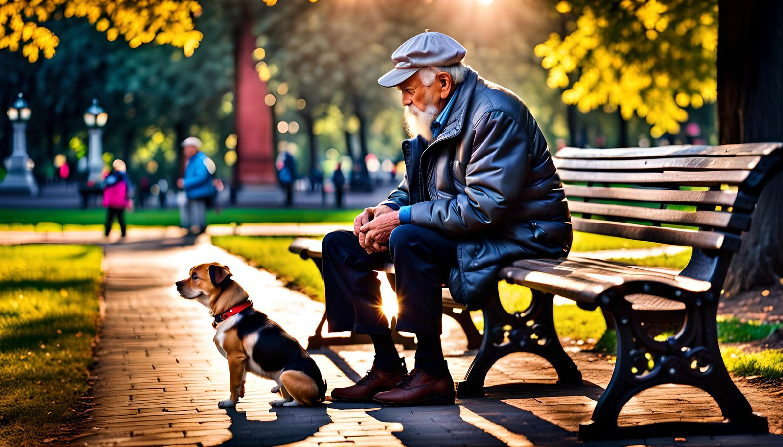 Old Man and Dog in Park: Hyperrealistic Portrait