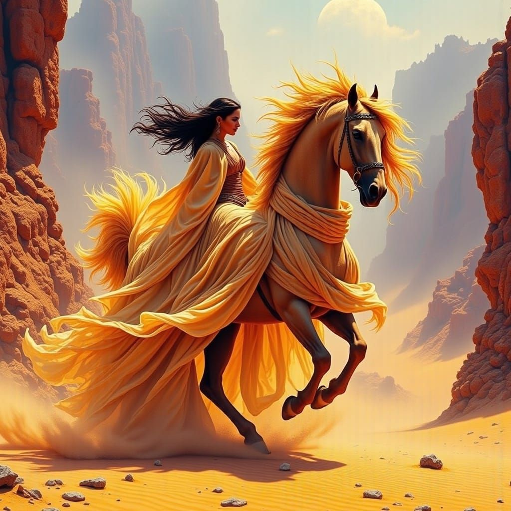 Regal Desert Goddess Unites with Majestic Steed in Surreal L...