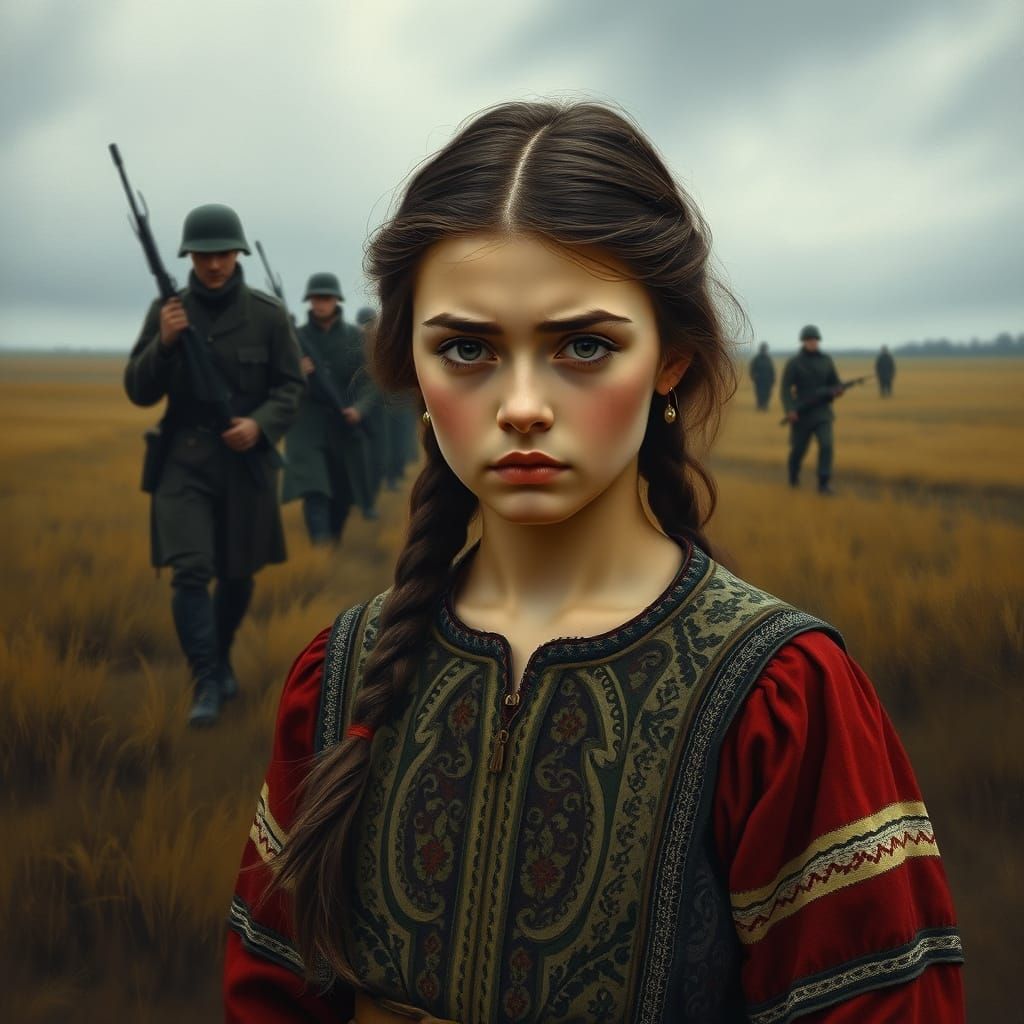 Young Ukrainian Woman in Folk Clothing Under Threatening Ski...