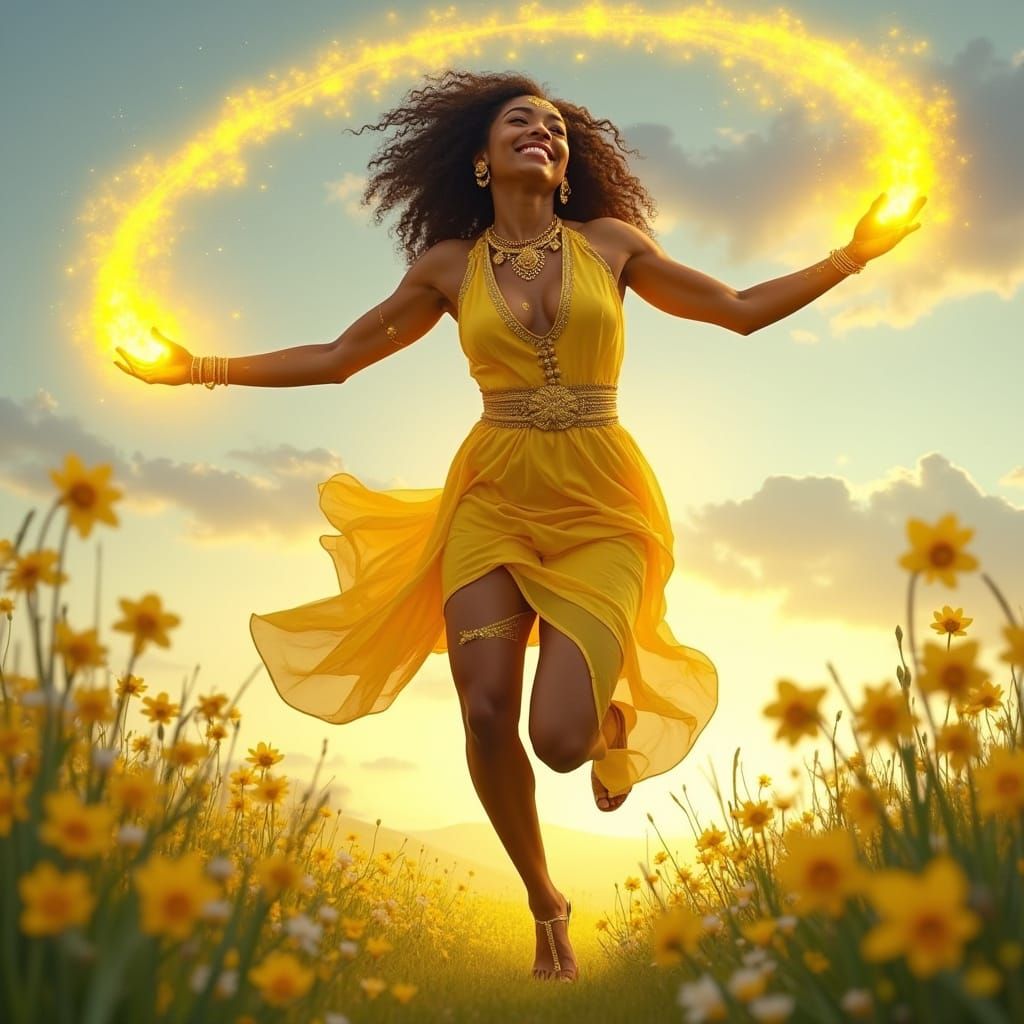 Enchantress Leaping Through Sunny Meadow, Casting Yellow Spe...