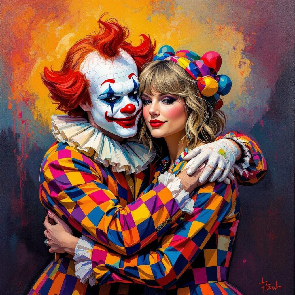 Whimsical Clown Hugs Taylor Swift in Surreal Art Style