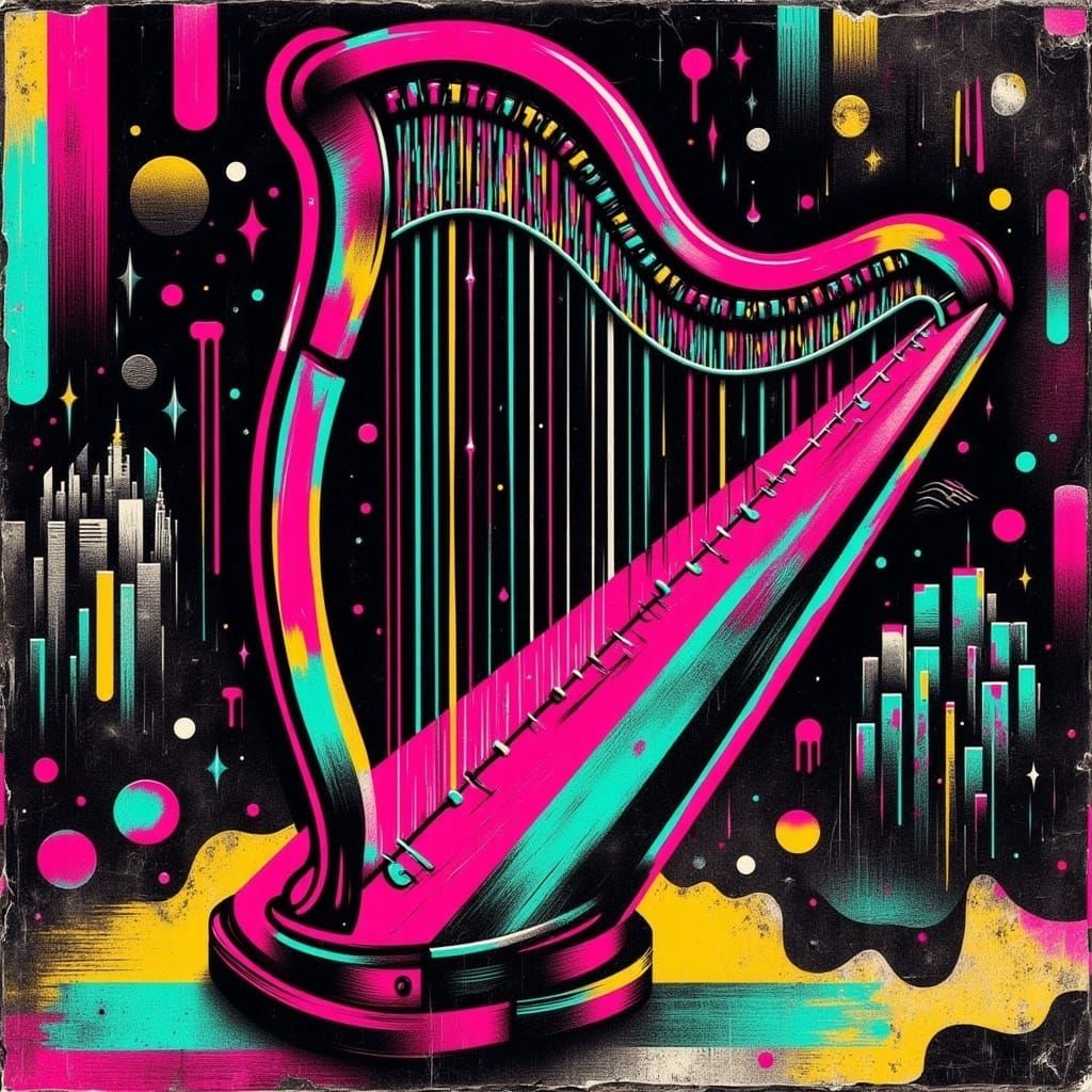 Glowing Magic Harp on Golden Pedestal: Digital Collage