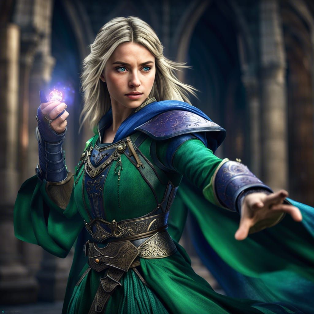Young Blonde Mage Casting Spell in Cinematic HDR