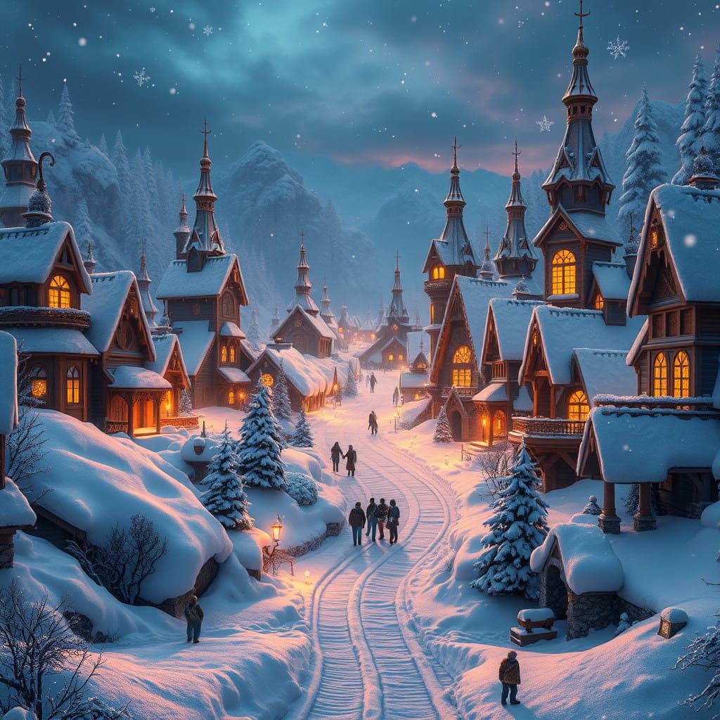 Whimsical Christmas Wonderland in Snowy Fantasy Landscape