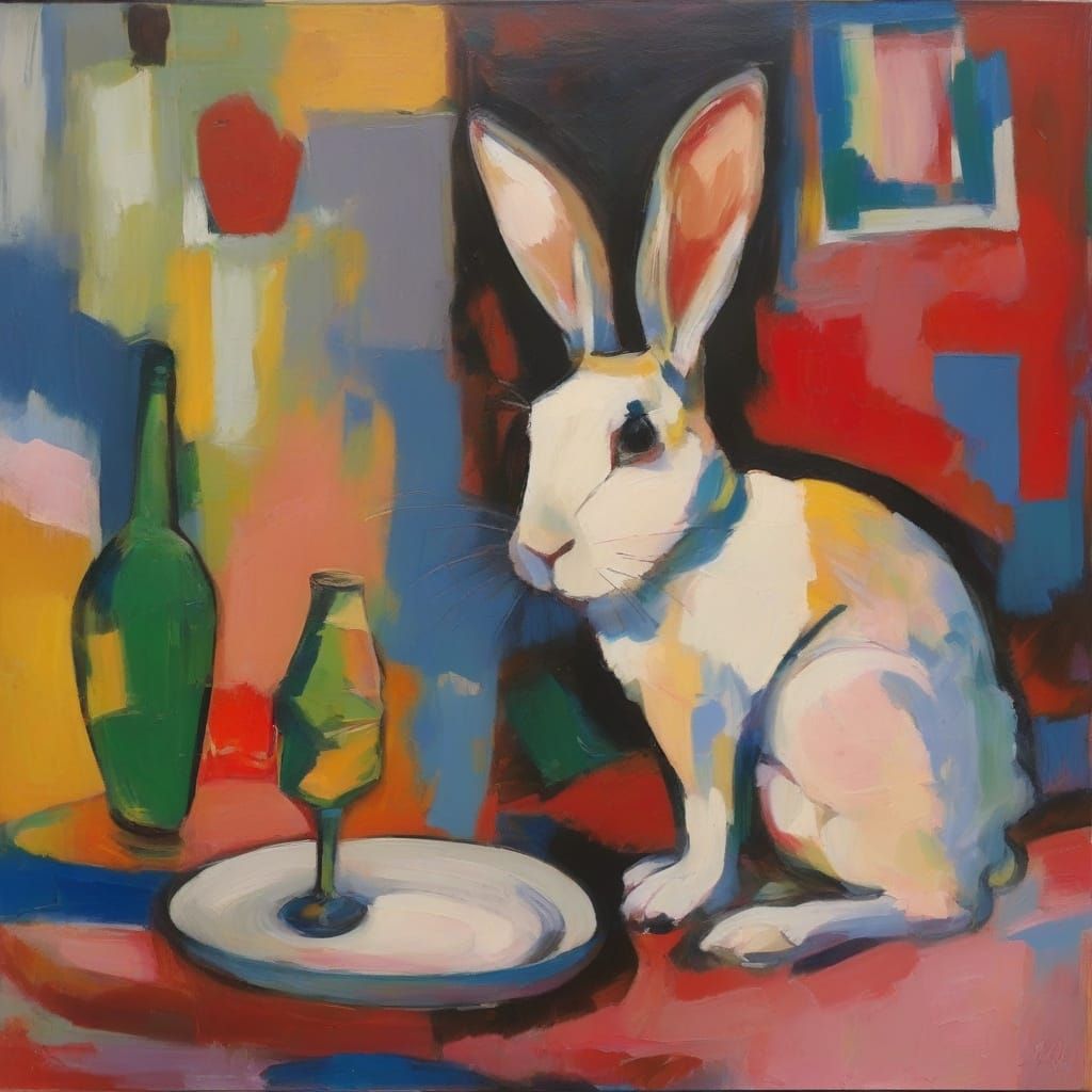 Expressionist Rabbit Dances with Tambourine and Wine