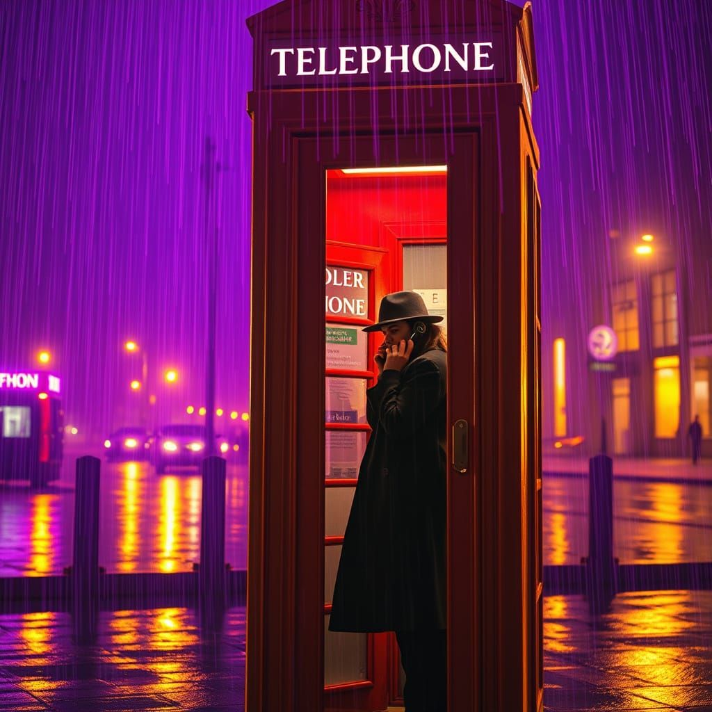 Mysterious Figure in a Red Telephone Box Amidst Purple Rain