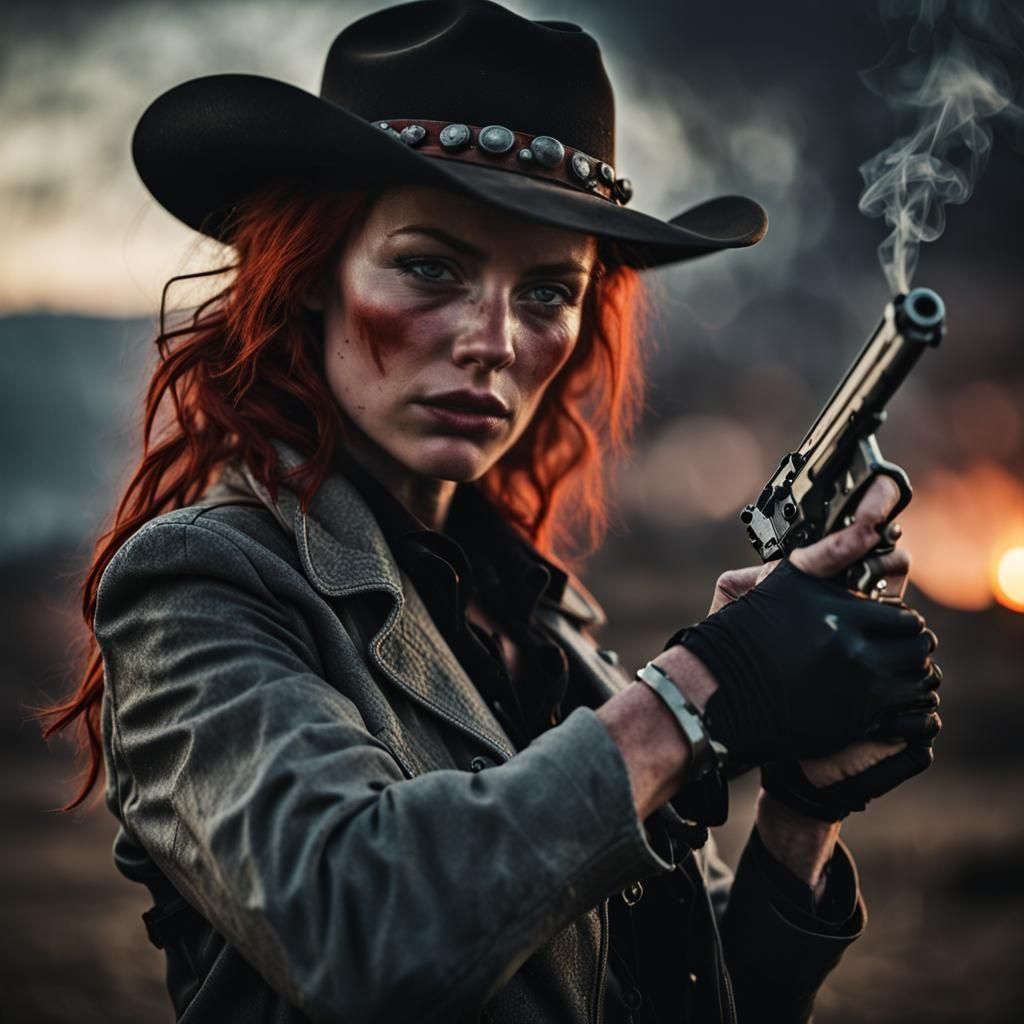 Brooding Cowgirl with Smoking Gun at Sunset