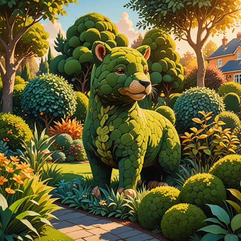 Animal Topiary in Garden: Vibrant Oil Painting