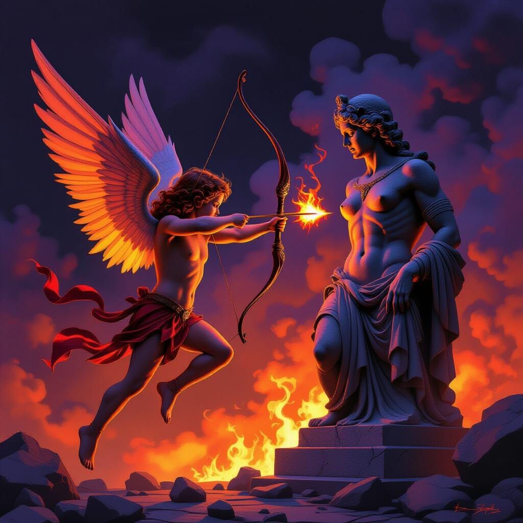 Fiery Cupid's Attack on Stone Statue