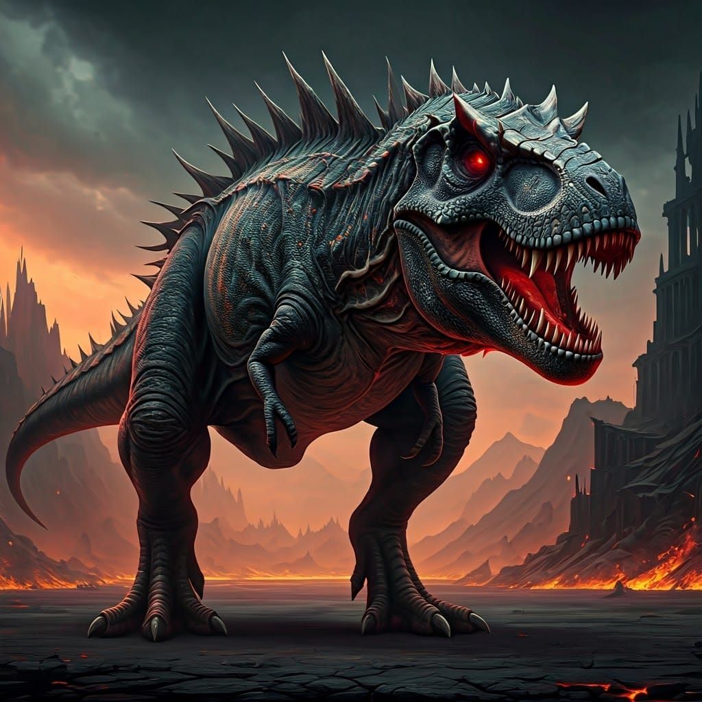 Otherworldly T-Rex in Iridescent Armor, Gothic Art