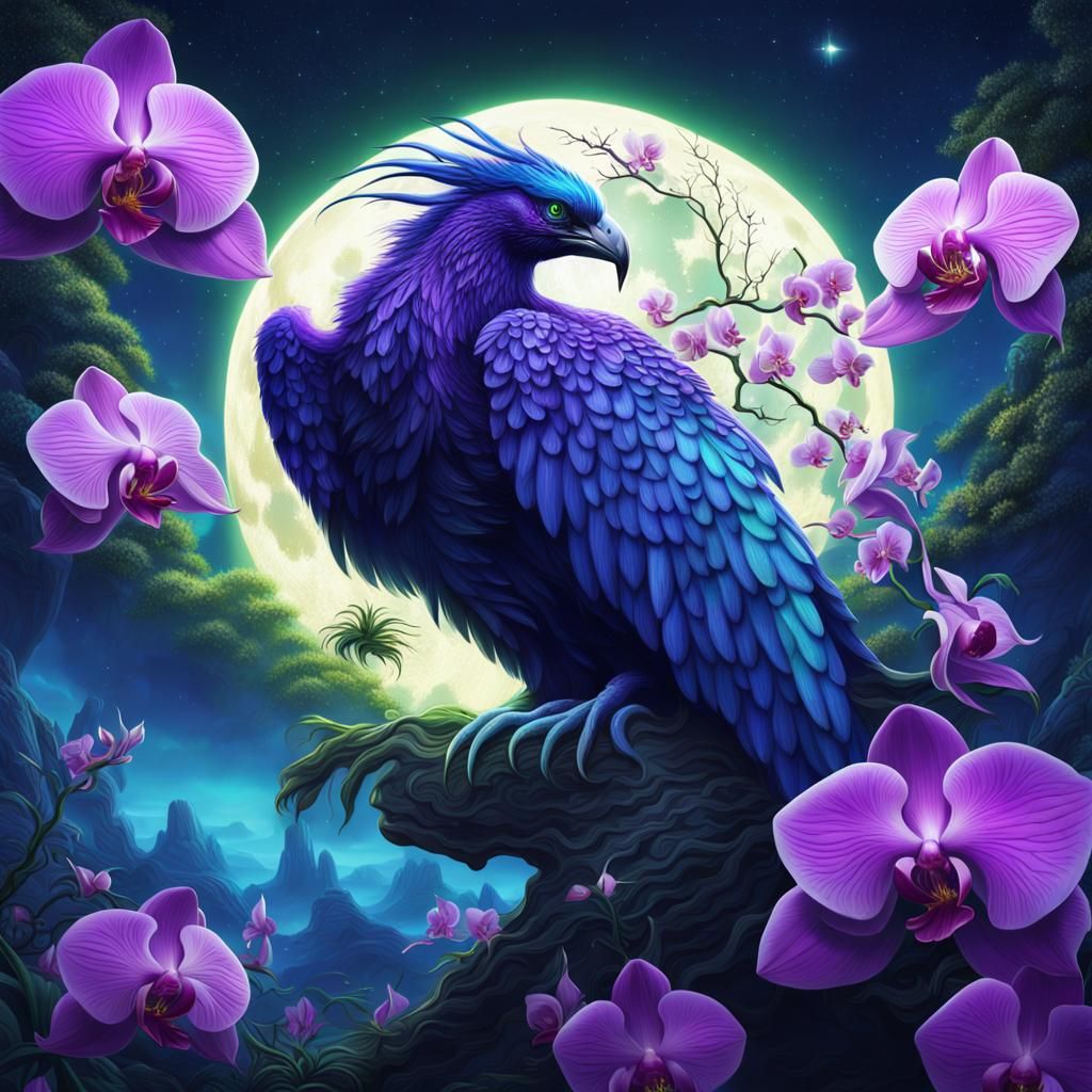 Colorful Phoenix with Orchids under Starry Night