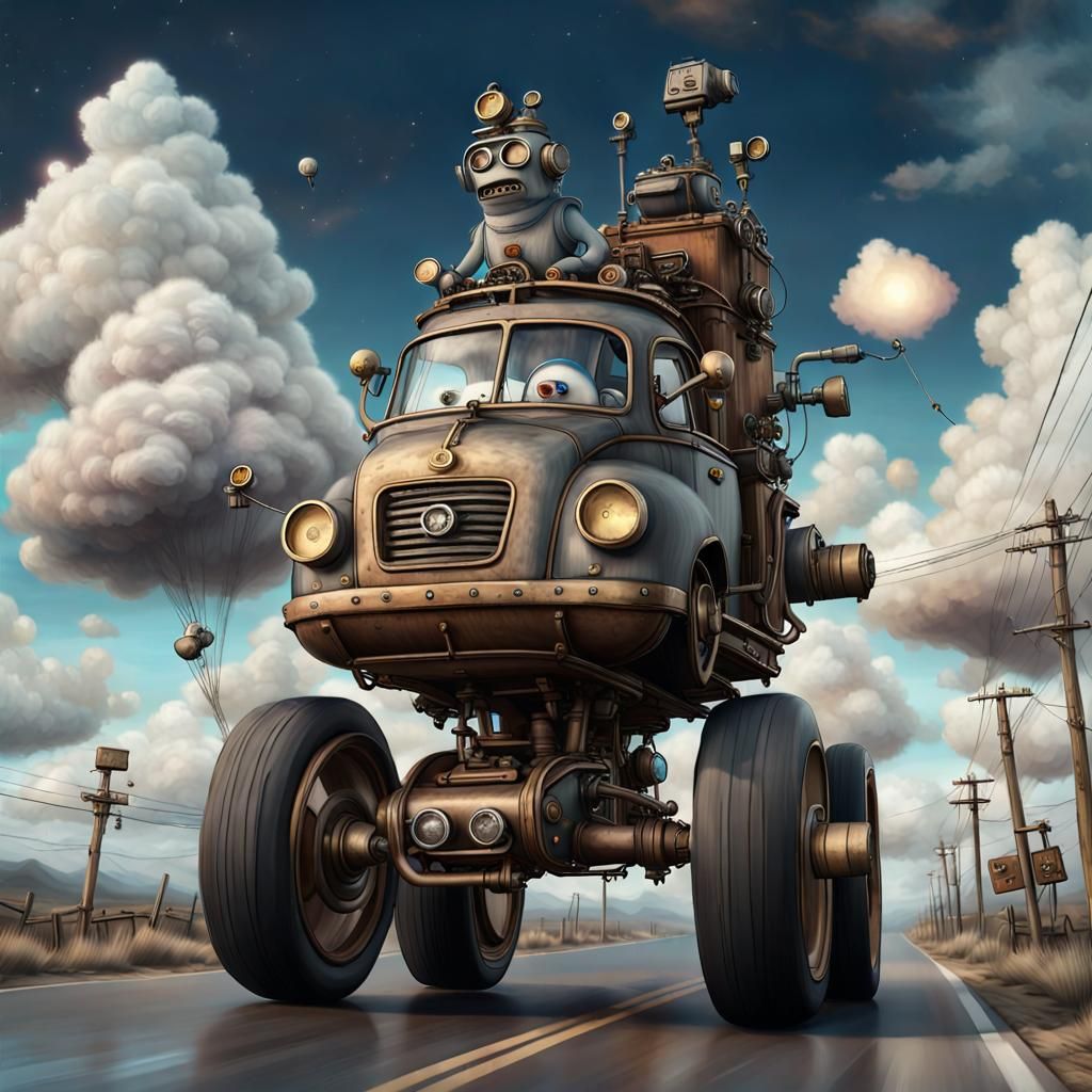 Yeti Drives Cloud Car in Steampunk Ghibli Style