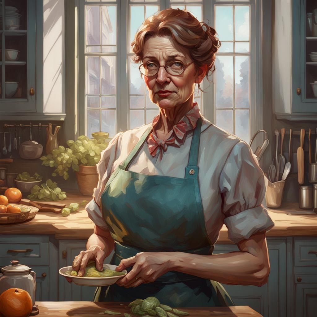 Mrs. Cleaver Portrait in Kitchen, Hyperdetailed Art