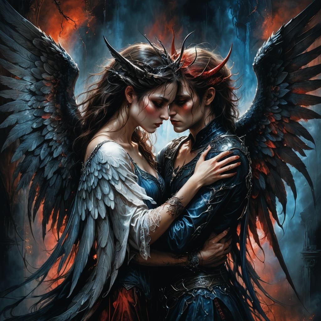 Angel and Devil Embrace in Dark Fantasy Style