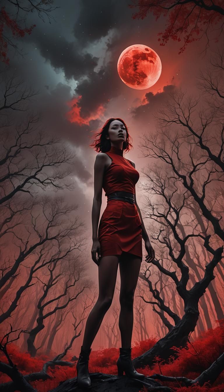 Mystical Red Forest at Sunset