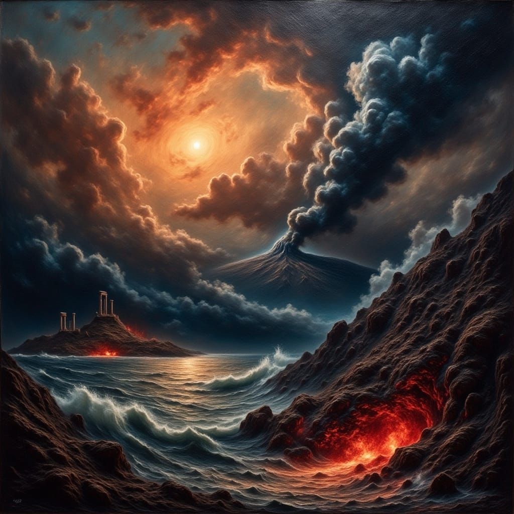 Kolumbo Volcano Eruption as Grungy Oil Painting