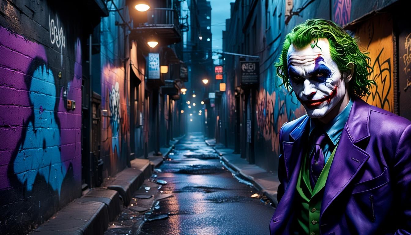 Hyperrealistic Joker in Dark City Lane