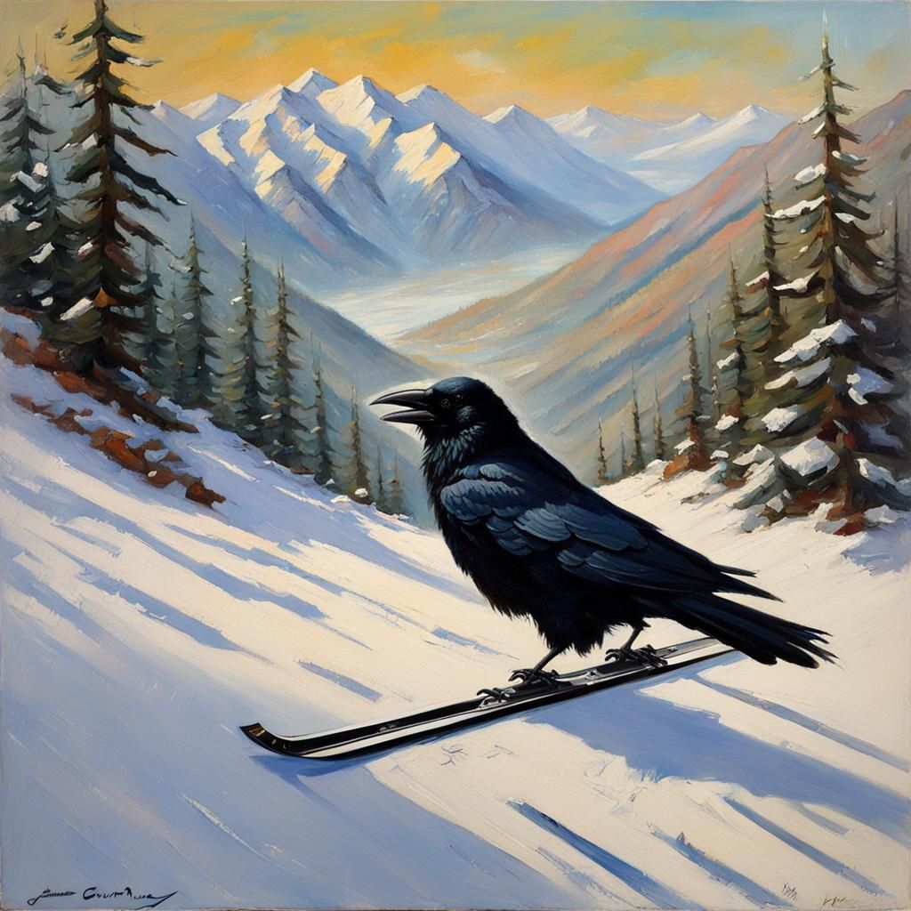 Crow Skier: Oil Painting in Mountain Landscape