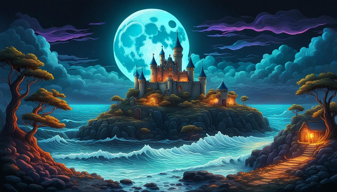 Night Landscape with Castle and Wolf in Yerka Style