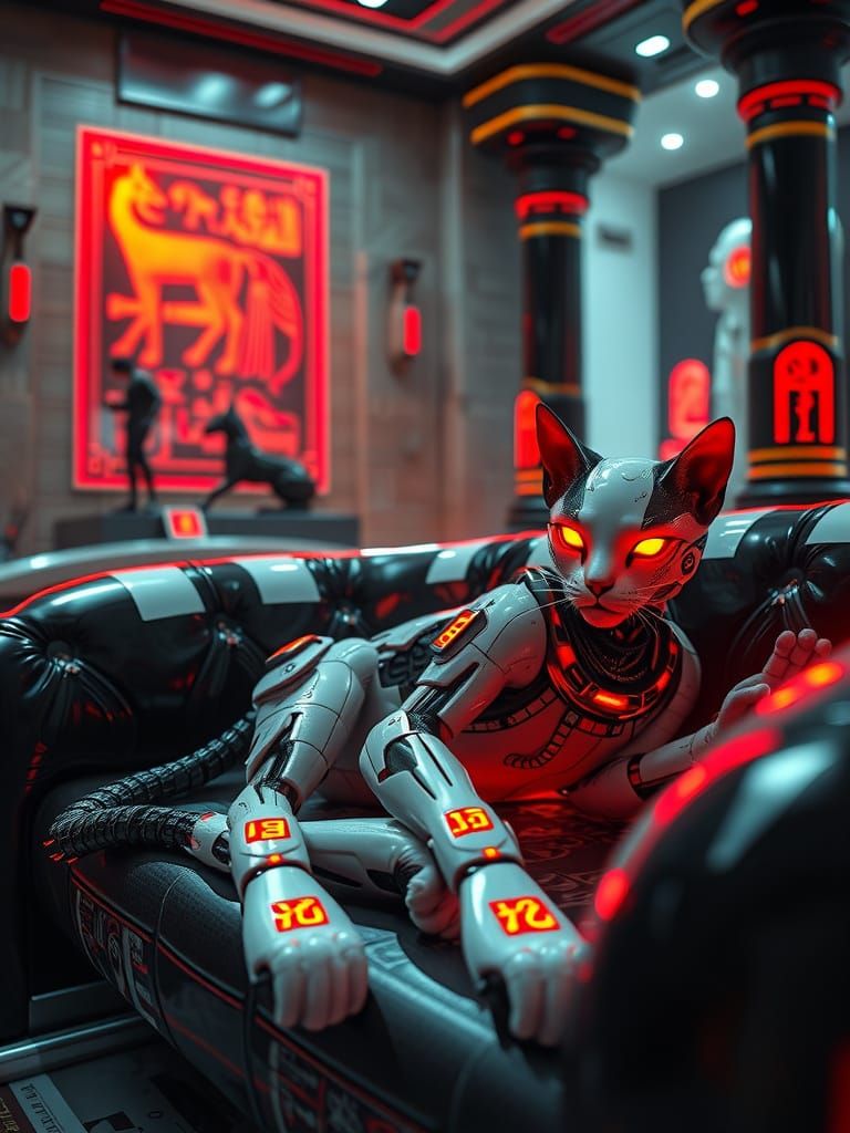 Cybernetic Egyptian Cat in Futuristic Temple
