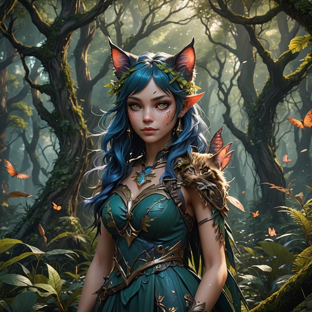 Fantasy Fairy Cat Girl in Detailed Forest Art