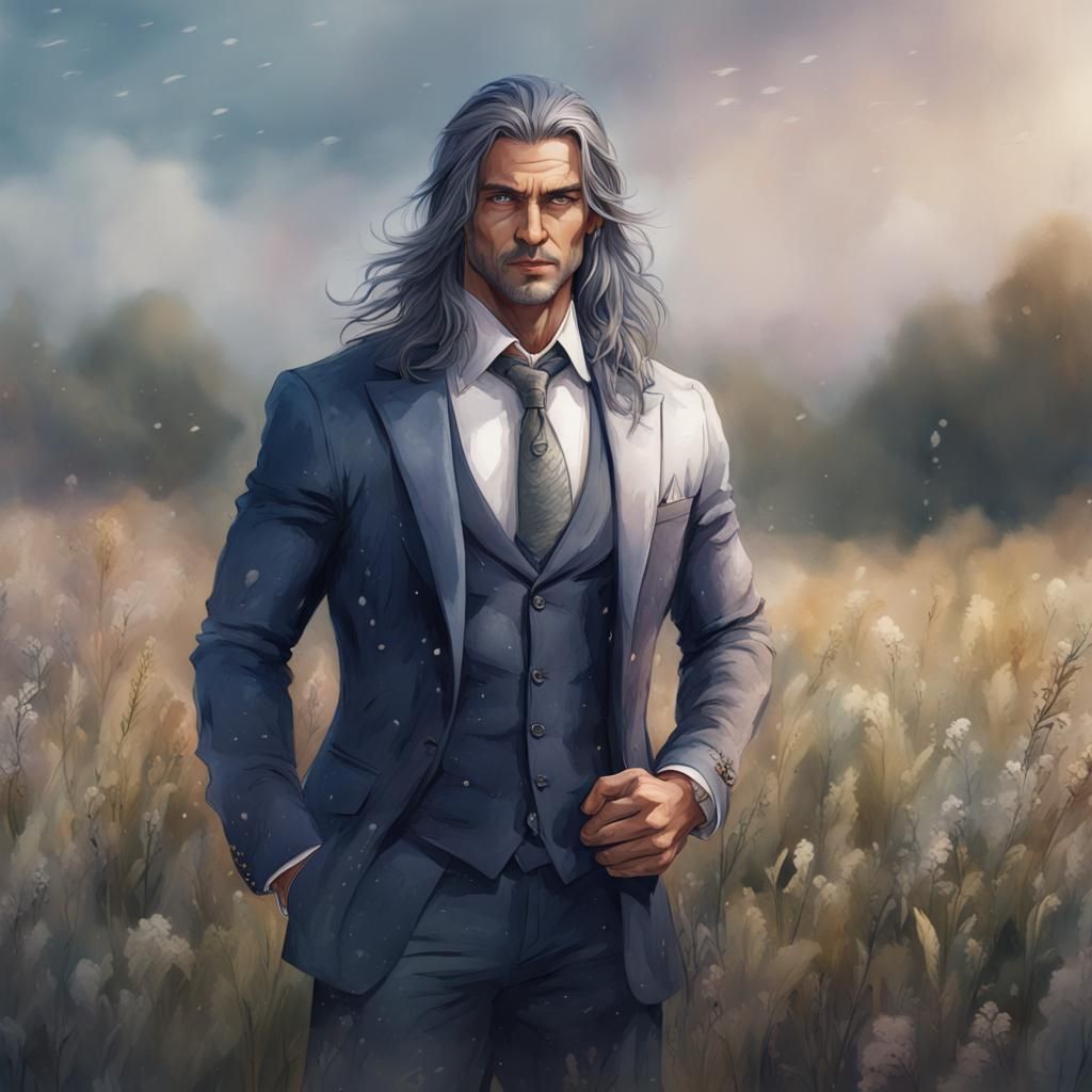 Navy Haired Man in Field, Watercolor Style