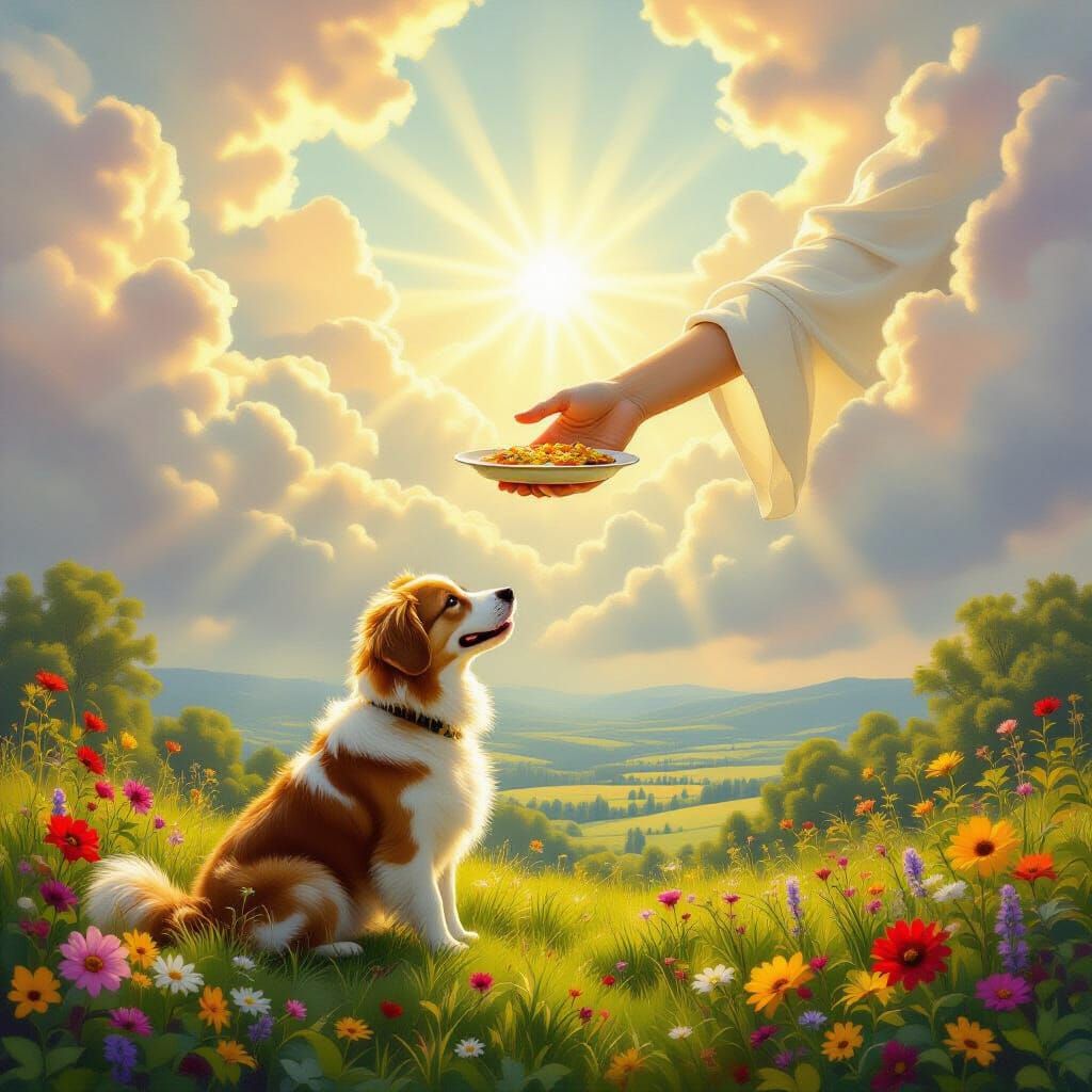 Divine Hand Serves Dog in Lush Landscape