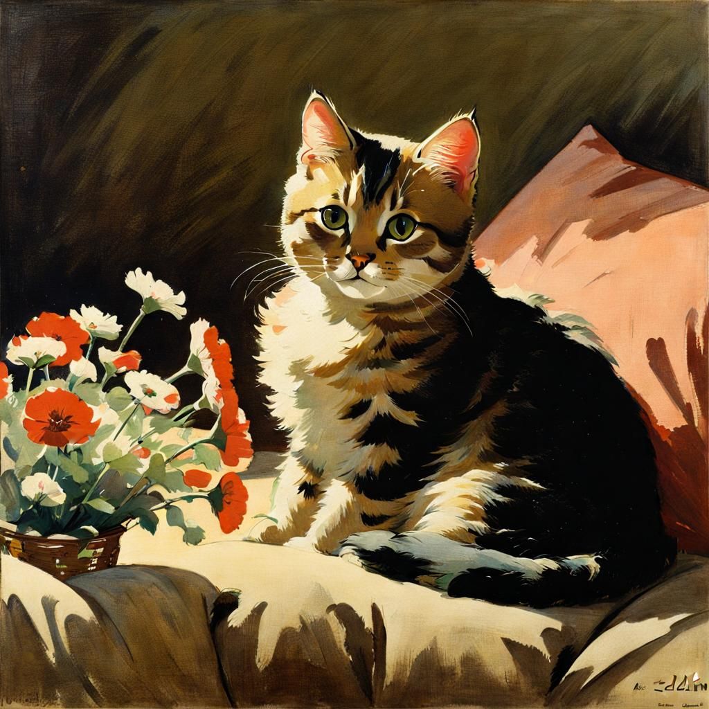 Cute Cat with Flowers in Aldin Style